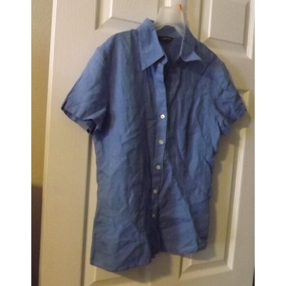 Lands End Women’s 100% Linen Size 10 M Blue Button Down Short Sleeve Blouse - Picture 1 of 4